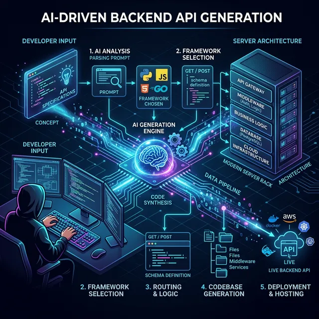 A sleek 16:9 dark-mode conceptual infographic visualizing the process of an AI generating a backend API.