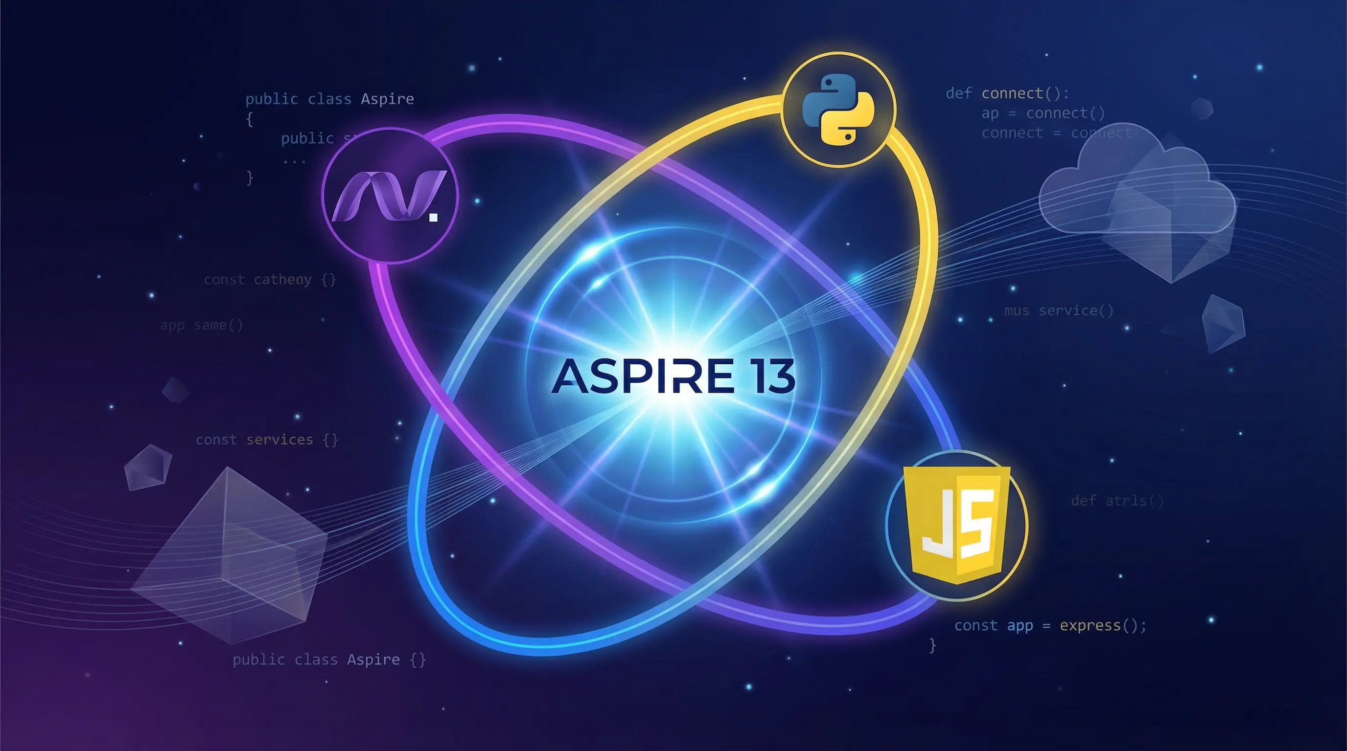 Aspire 13 logo with polyglot programming languages