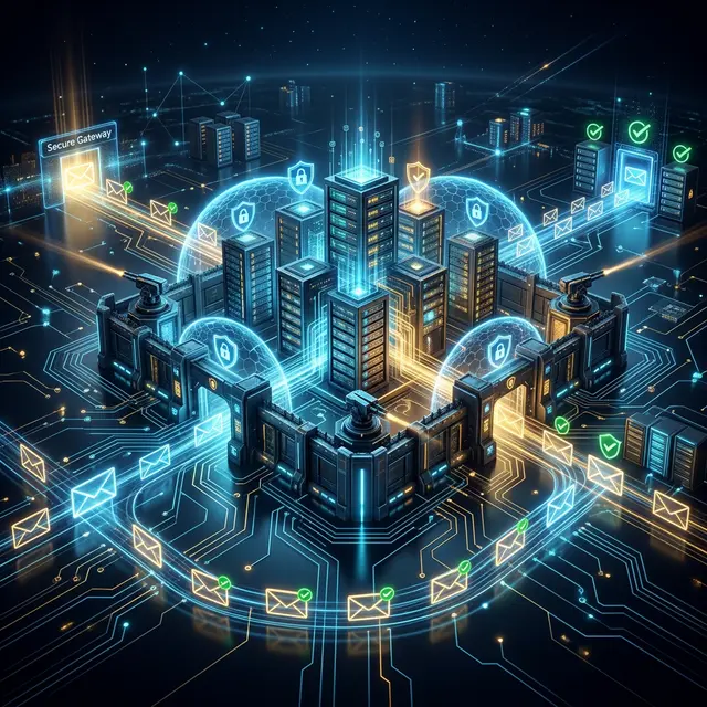 A high-tech digital fortress securely protecting email envelopes