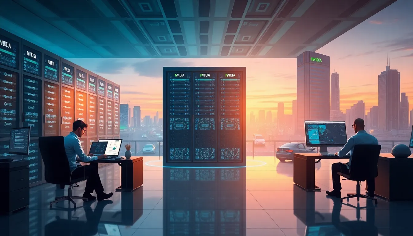 NVIDIA logo beside icons representing speech, robotics, autonomous vehicles, and biomedical AI