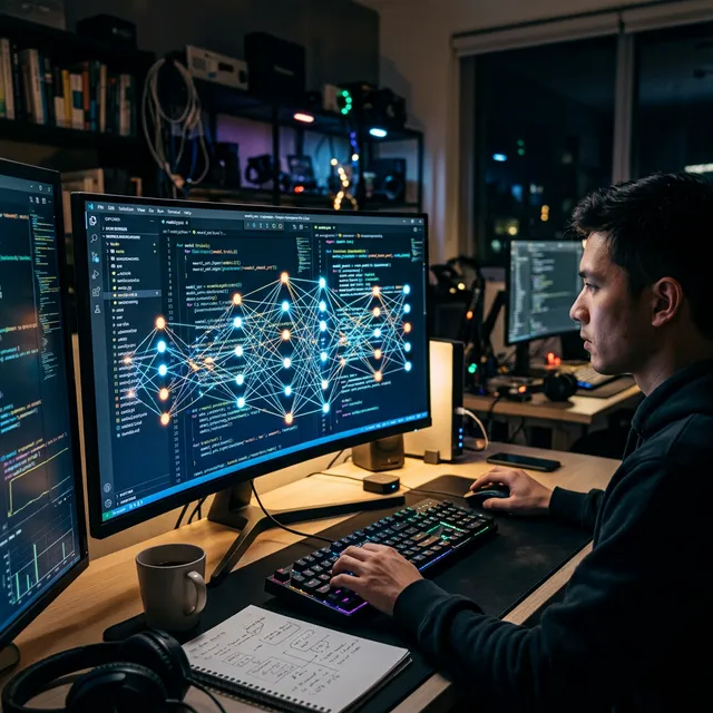 Visualization of modern software development intersecting with artificial intelligence.