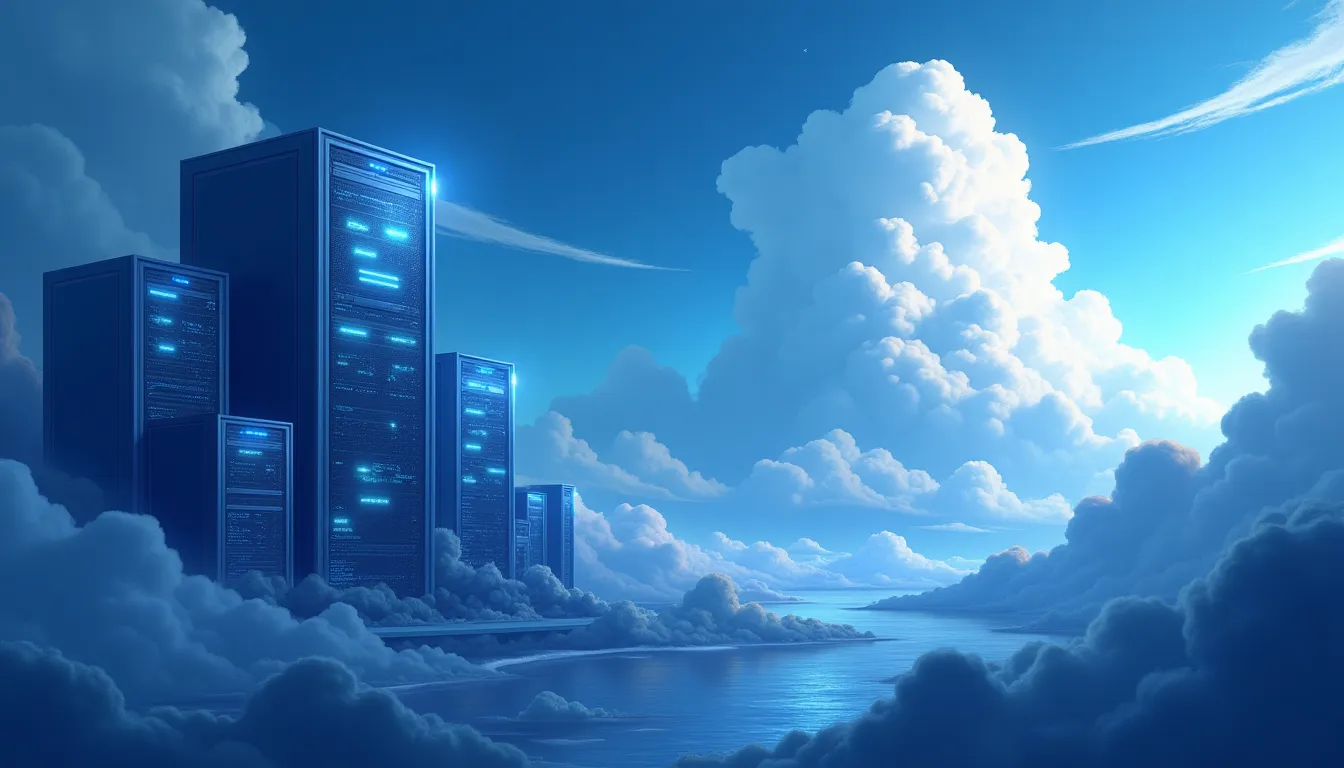 Kubernetes logo on a background of clouds and servers