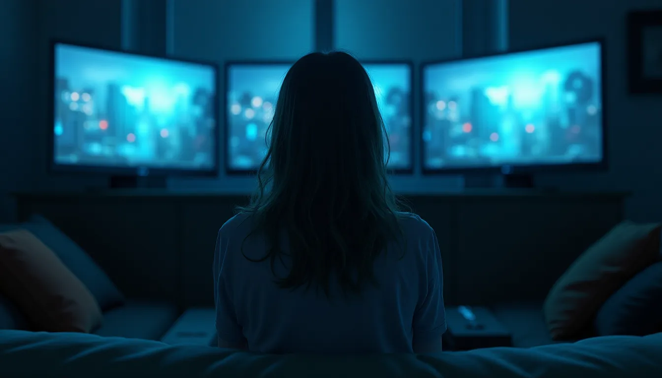 A teenage girl lying in bed, surrounded by screens, highlighting the risks of excessive screen time